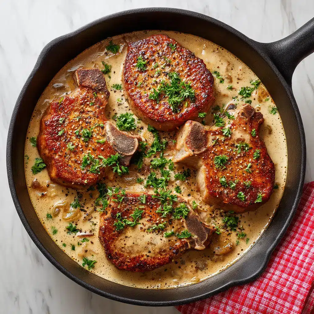 Creamy Garlic Pork Chops 2 Close up of thick-cut bone-in pork chops with a golden-brown crust ready for a rich creamy garlic sauce.