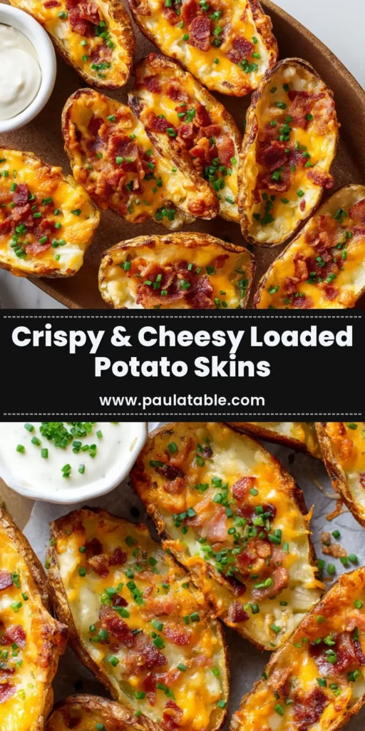A top-down view of crispy oven-baked loaded potato skins topped with melted cheddar, bacon, and chives on a rustic platter.
