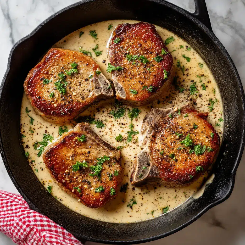Creamy Garlic Pork Chops 1 Creamy Garlic Pork Chops simmering in a bubbly beige sauce with fresh green parsley garnish on a white marble surface.