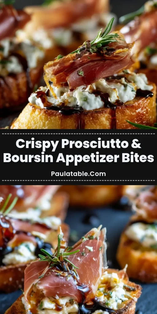 Overhead view of Crispy Prosciutto Appetizers on a rustic slate platter featuring golden crostini, Boursin cheese, crispy prosciutto, and balsamic glaze.