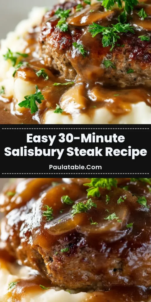 Close up shot of homemade Salisbury steak resting on mashed potatoes with glossy brown mushroom gravy. (Salisbury Steak Recipe)