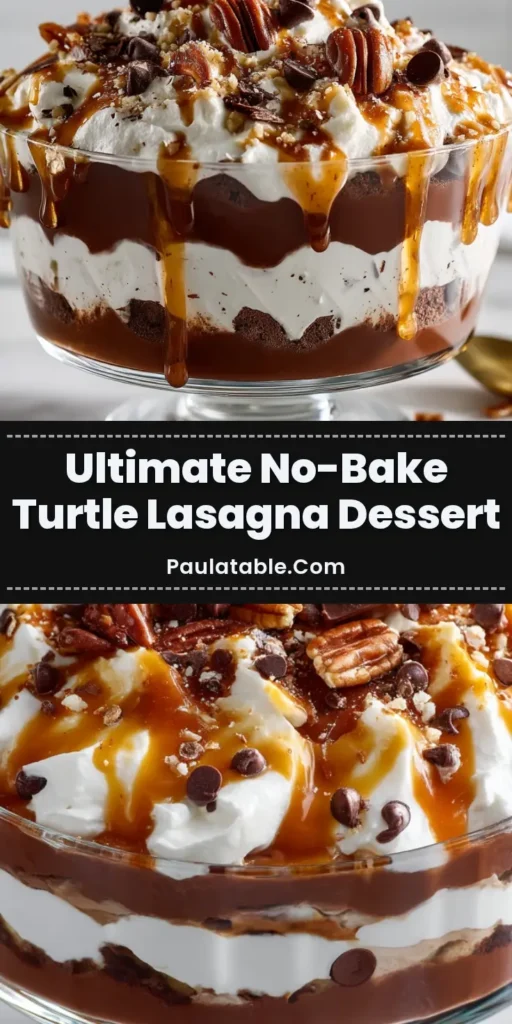 A decadent layered turtle lasagna dessert served in a clear glass trifle bowl, featuring distinct chocolate pudding, cream cheese, and whipped cream layers topped with caramel, chocolate sauce, and pecans.