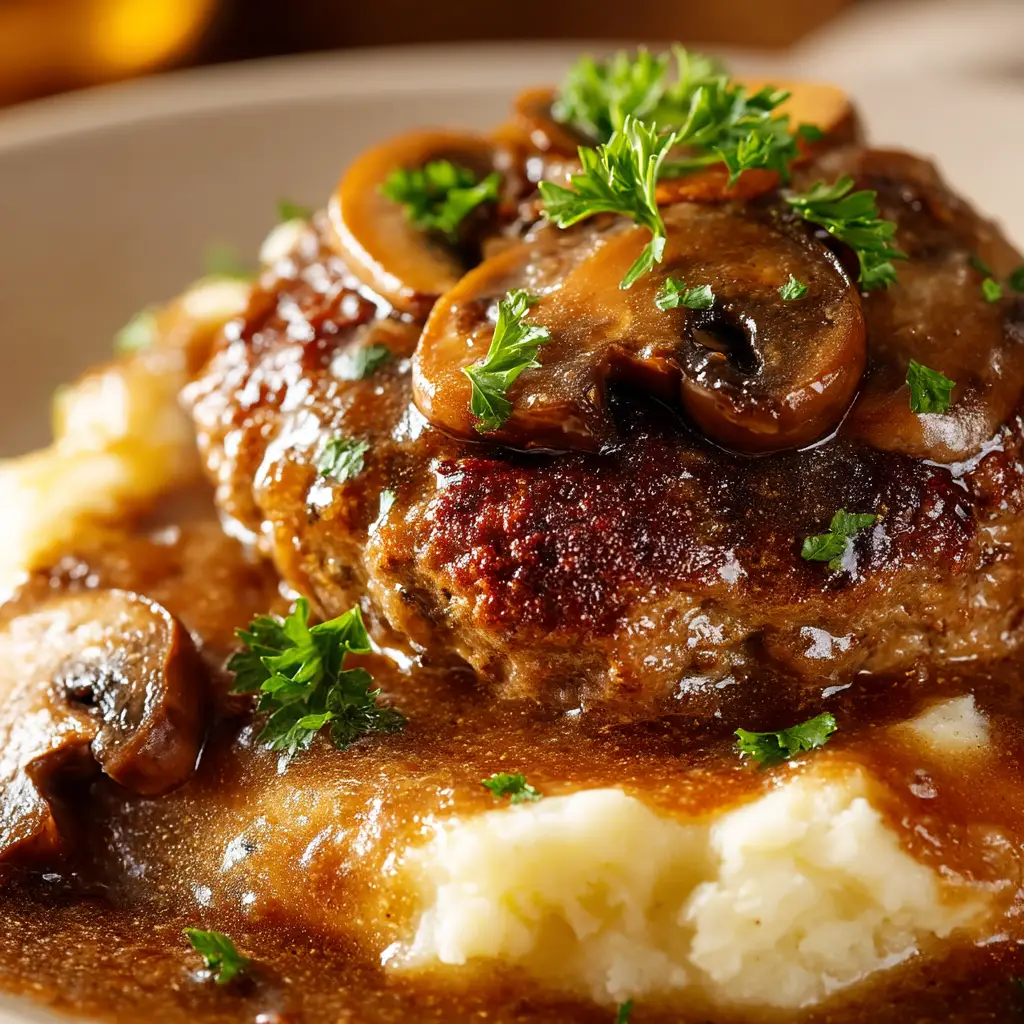 Macro shot of a juicy, textured Salisbury steak patty searing in a cast-iron skillet to build a golden-brown crust.