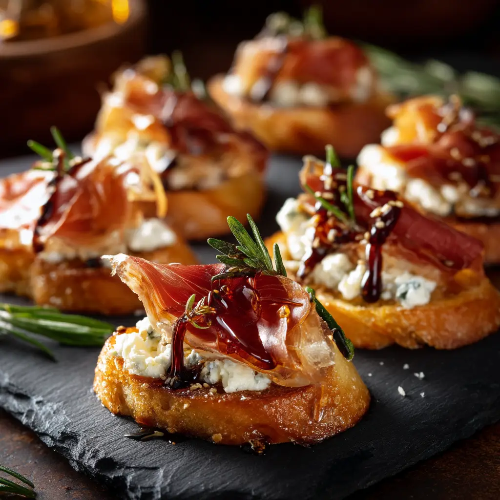 Crisped prosciutto slices baking on parchment paper, ready to top the creamy Boursin cheese crostinis.
