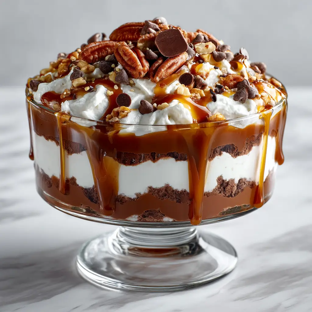 Close up 3/4 angle of turtle lasagna dessert ingredients layered in a clear glass dish showing chocolate pudding and thick white cream cheese filling.