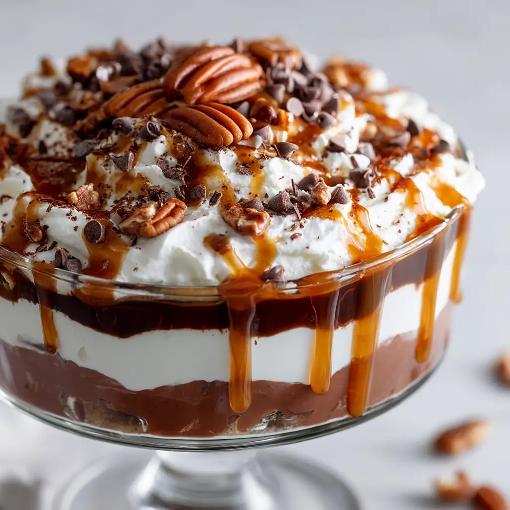 Top view of a decadent layered turtle lasagna dessert generously garnished with thick caramel sauce, melted chocolate sauce, whole pecans, chopped pecans, and chocolate chips.