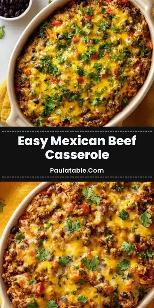 A bright overhead shot of Mexican ground beef casserole in a cream-colored oval baking dish resting on a vibrant yellow napkin.