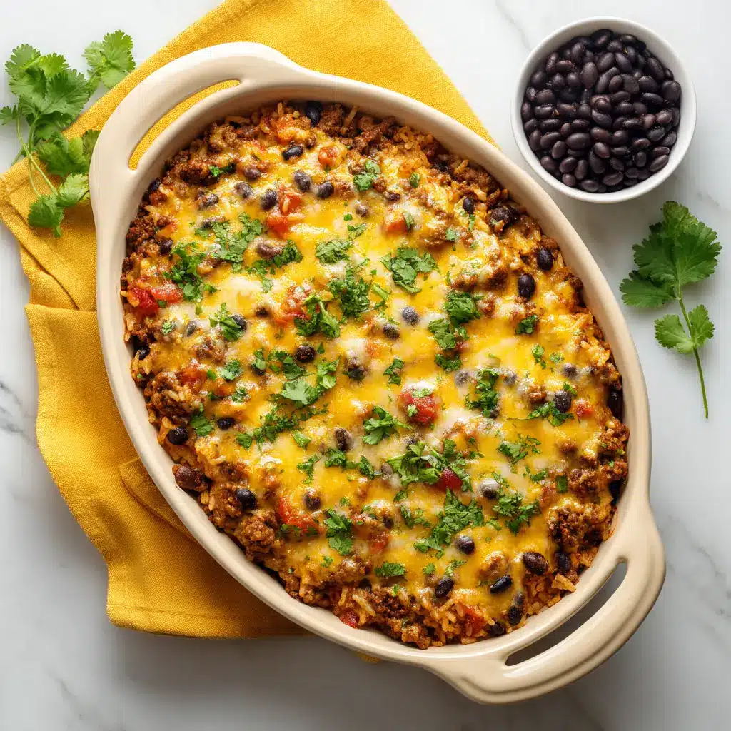 Seasoned ground beef, rice, black beans, and diced tomatoes simmering in a skillet before baking.