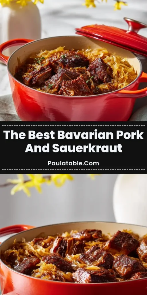 A hearty bowl of Bavarian Pork and Sauerkraut Recipe served from a red enameled cast iron dutch oven on a white marble countertop.