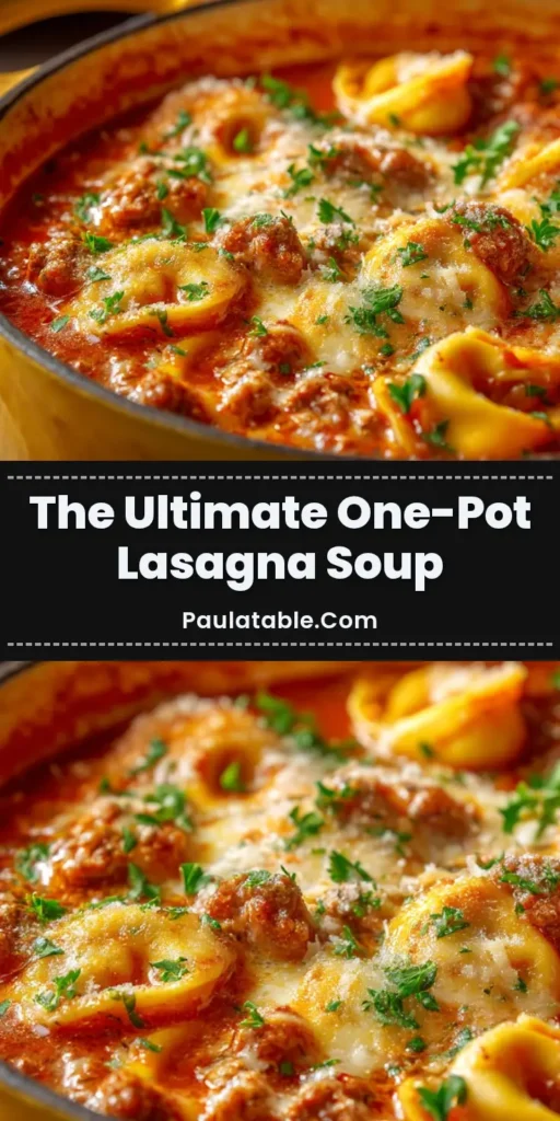 A rustic yellow dutch oven filled with a rich and creamy tomato-based lasagna soup, topped with melted parmesan cheese and fresh parsley. (Lasagna Soup Recipe)