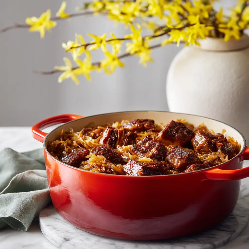 Tender braised pork chunks nesting in perfectly caramelized sauerkraut in a vibrant red dutch oven.