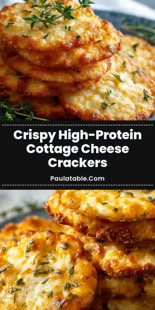 A tall stack of crispy, golden brown Cottage Cheese Crackers resting on a rustic slate blue plate, garnished with fresh thyme.