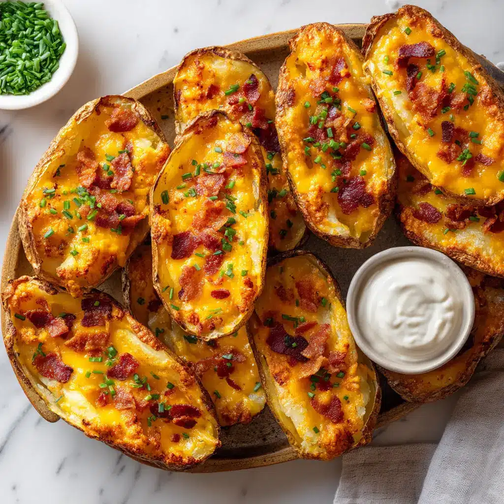 Close up shot of loaded potato skins garnished with fresh chives next to a white bowl of sour cream.