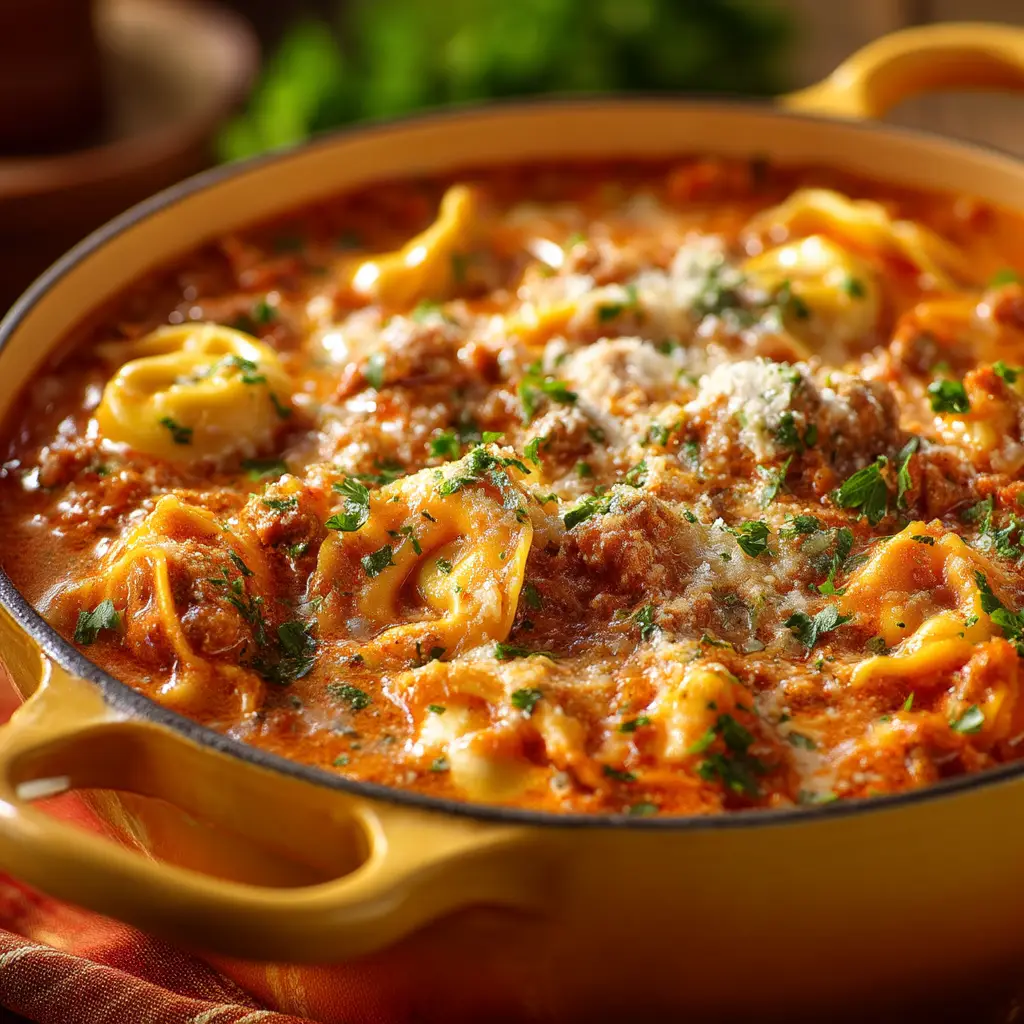 Macro photography of a simmering tomato-based lasagna broth inside a rustic yellow dutch oven.