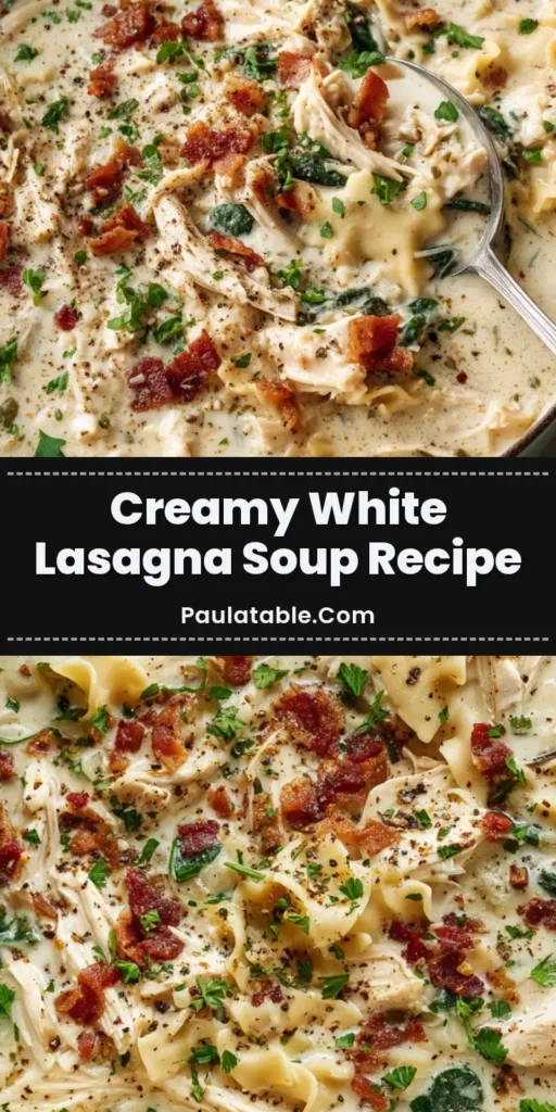 A light green dutch oven filled with thick, creamy white lasagna soup topped with bacon, spinach, and a silver ladle.