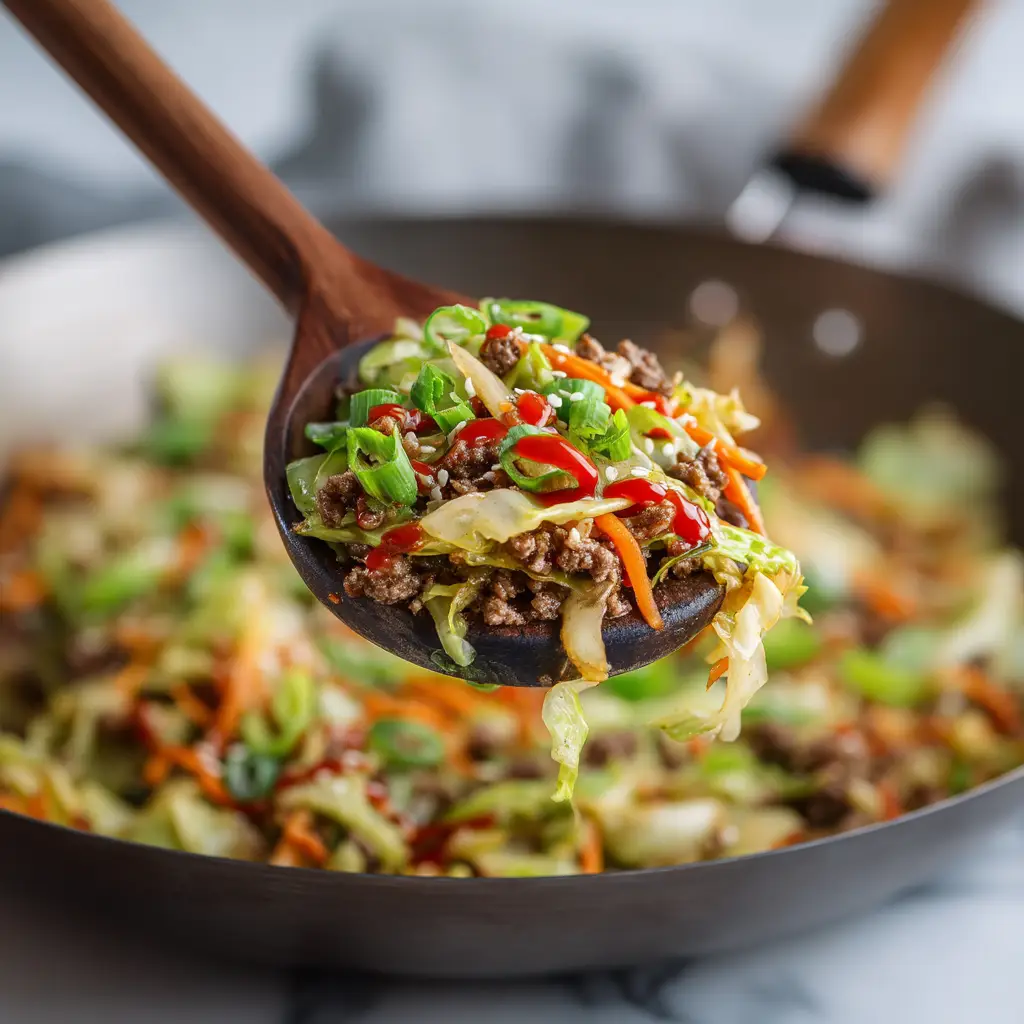 Ground beef and cabbage stir fry garnished with scallions, sesame seeds, and red sriracha drizzle.