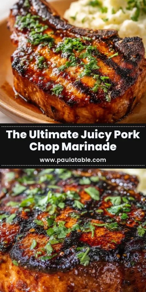 A thick bone-in grilled pork chop glistening with a rich glaze from the ultimate pork chop marinade, plated next to creamy mashed potatoes.