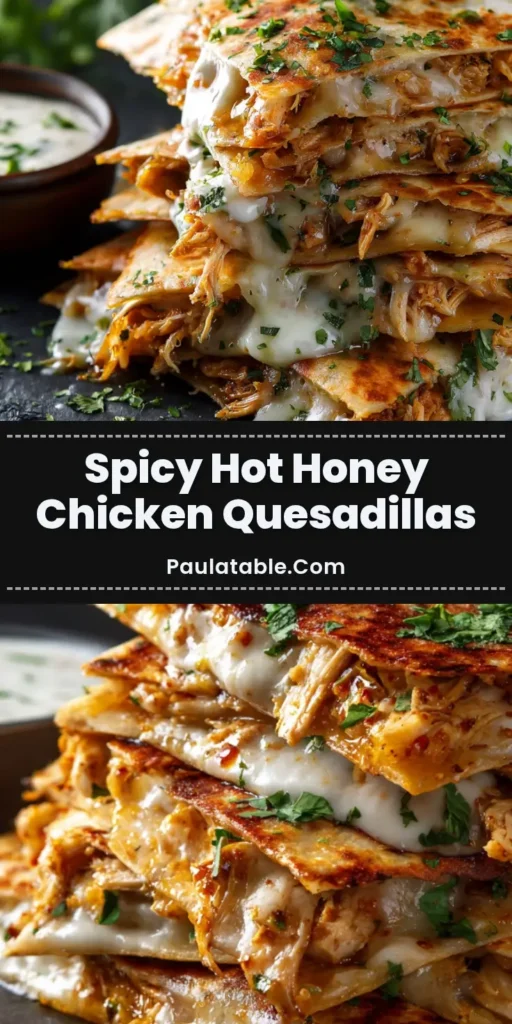A tall stack of crispy Hot Honey Chicken Quesadillas with gooey melted white cheese spilling out, garnished with fresh cilantro on a dark slate plate.