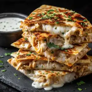 Overhead macro shot of savory shredded chicken glazed in hot honey, layered with fresh white Monterey Jack cheese on a flour tortilla.