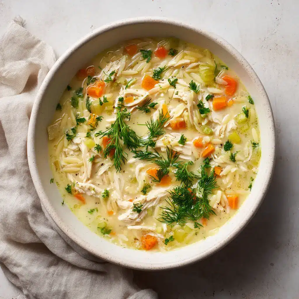 Cozy Greek Lemon Chicken Soup (Avgolemono) 1 A warm, inviting white ceramic bowl filled with pale yellow creamy Greek Lemon Chicken Soup, resting on a textured surface next to a linen napkin.