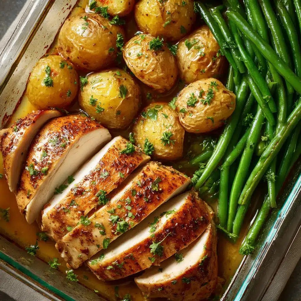 A rectangular glass baking dish containing herb-baked chicken, glistening golden baby potatoes, and vibrant green beans in a shallow broth.