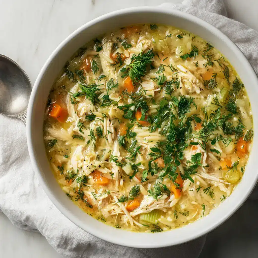 Greek Lemon Chicken Soup: The Ultimate Creamy Avgolemono 1 Hyper-realistic overhead shot of creamy Greek lemon chicken soup in a white bowl resting on a white linen napkin and marble surface.