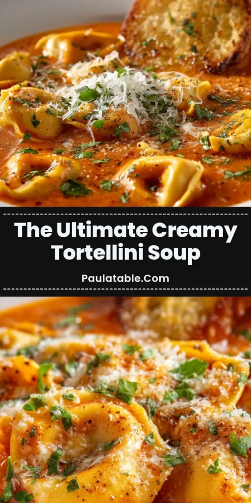 Extreme close up of a hearty Creamy Tortellini Soup in a white ceramic bowl, featuring an orange-cream broth, cheese tortellini, grated parmesan, and finely chopped parsley with a slice of golden toasted garlic bread.