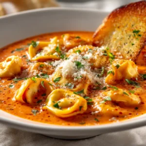 A shallow white ceramic bowl filled with Creamy Tortellini Soup, showing plump cheese tortellini swimming in a vibrant orange-cream tomato broth.