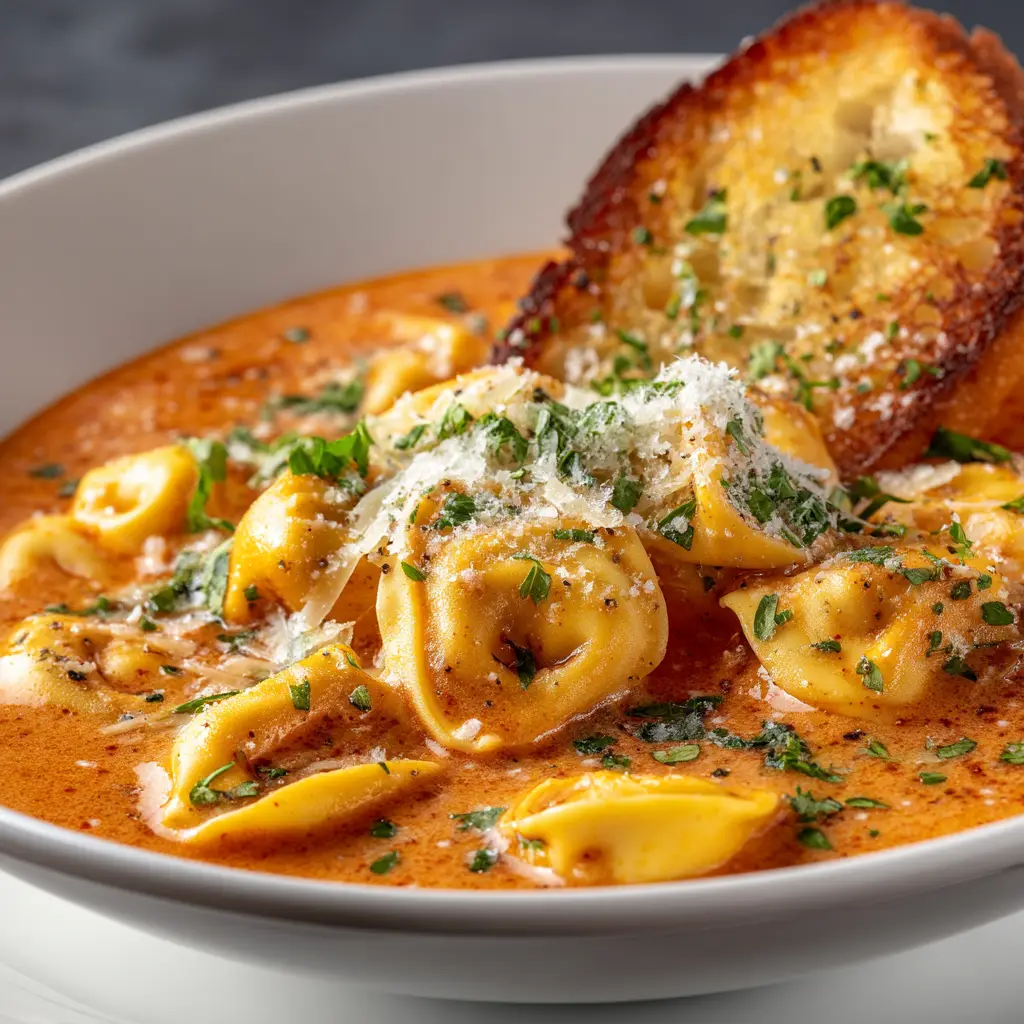 Overhead view of Creamy Tortellini Soup garnished generously with fresh grated parmesan cheese and finely chopped parsley, served with dipping garlic bread.