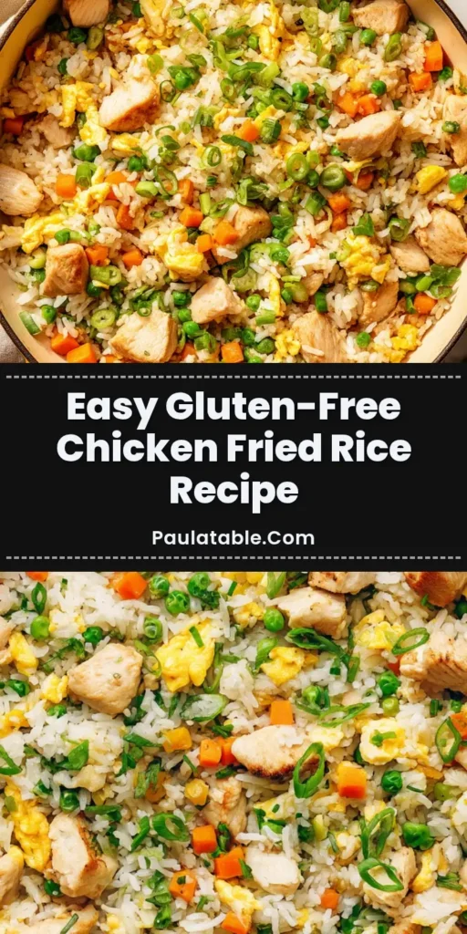 A vibrant overhead shot of Gluten-Free Chicken Fried Rice in a yellow cast iron pan with a beige linen napkin.