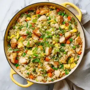 Fresh ingredients for Gluten-Free Chicken Fried Rice including diced carrots, green peas, raw chicken breast, and day-old white rice.