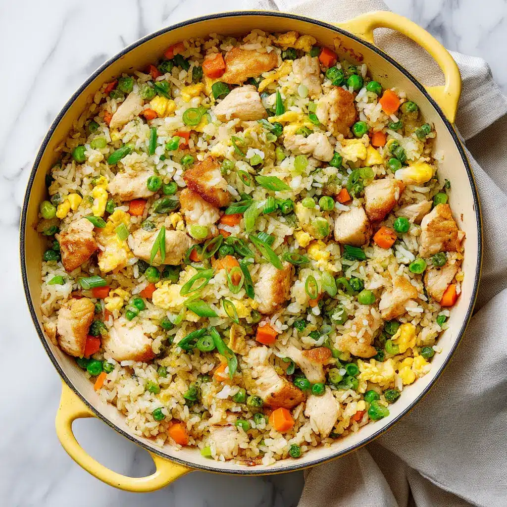 Fresh ingredients for Gluten-Free Chicken Fried Rice including diced carrots, green peas, raw chicken breast, and day-old white rice.