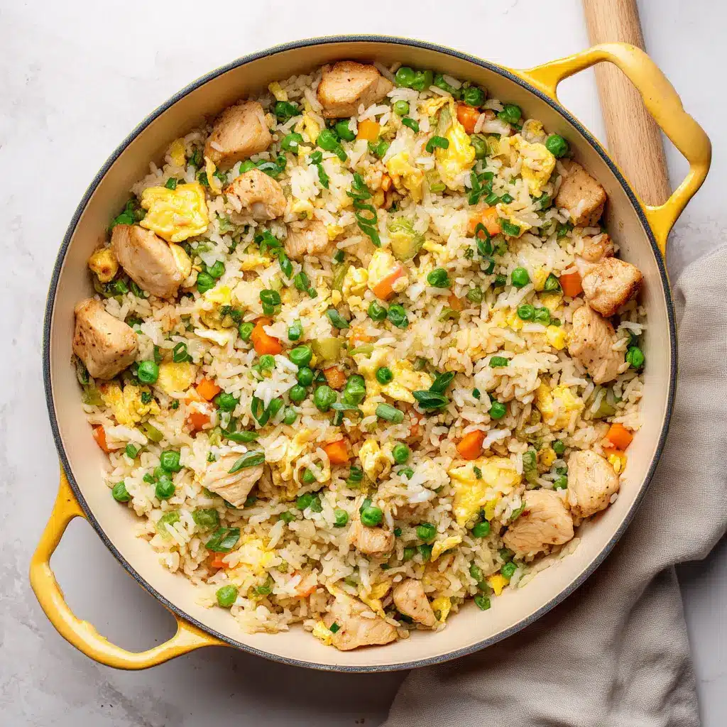 Tender cubed chicken breast searing in a yellow enameled cast iron pan for chicken fried rice.