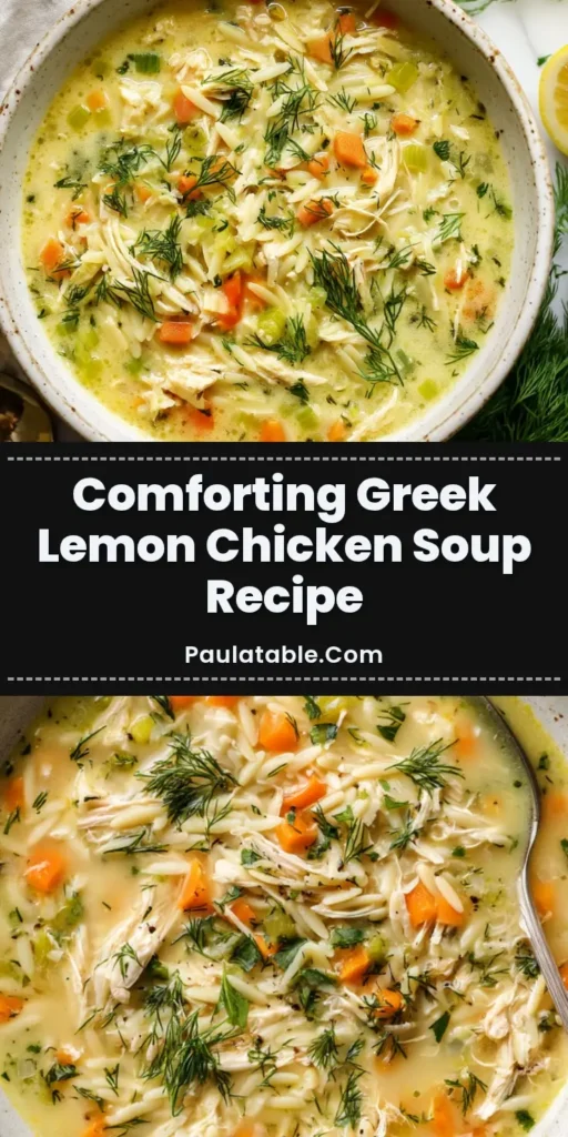 A rustic white ceramic bowl filled with vibrant Greek lemon chicken soup (Avgolemono), featuring creamy broth, tender shredded chicken, orzo, and fresh dill garnish.