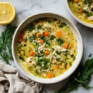 Overhead close-up of fresh ingredients for Greek Lemon Chicken Soup including a halved lemon, fresh dill sprigs, and a creamy, pale yellow broth.