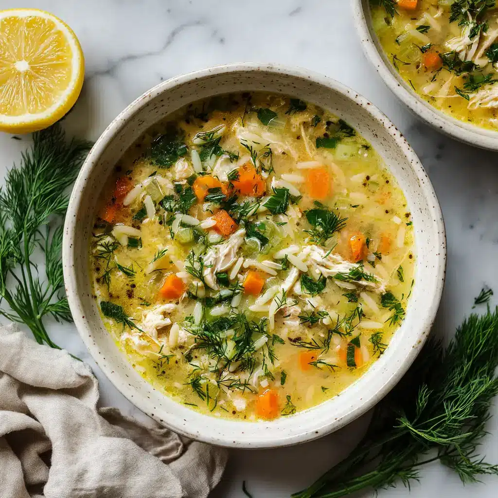 Overhead close-up of fresh ingredients for Greek Lemon Chicken Soup including a halved lemon, fresh dill sprigs, and a creamy, pale yellow broth.