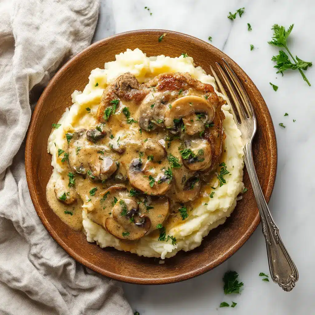 A close-up of the ingredients for Crock Pot Pork Chops, including thick-cut pork chops, sliced onions, garlic, and seasonings.