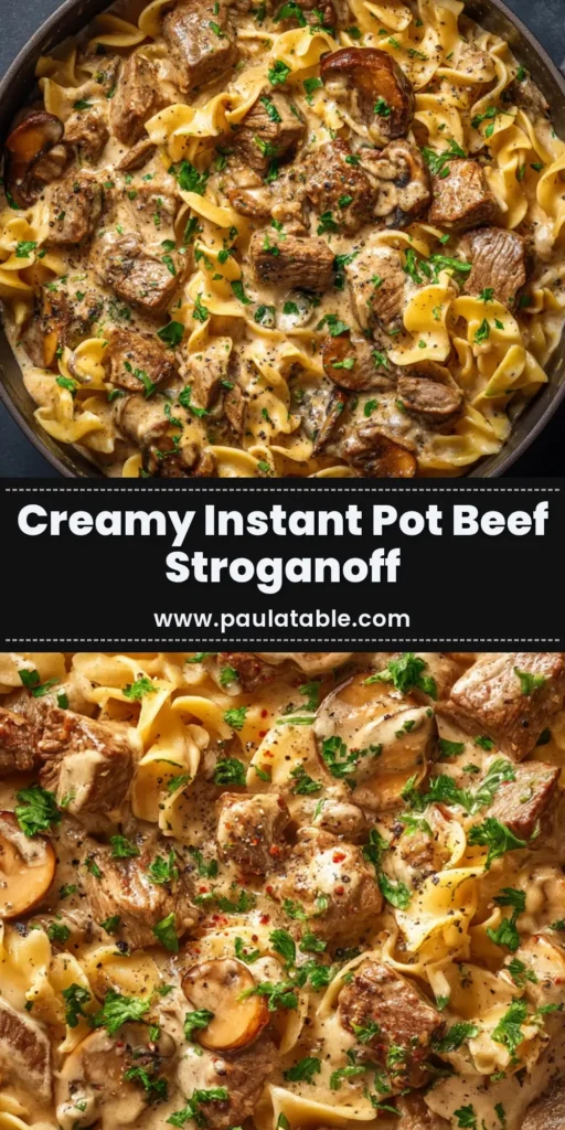 An overhead shot of creamy Instant Pot Beef Stroganoff served in a white bowl over egg noodles, garnished with fresh parsley.