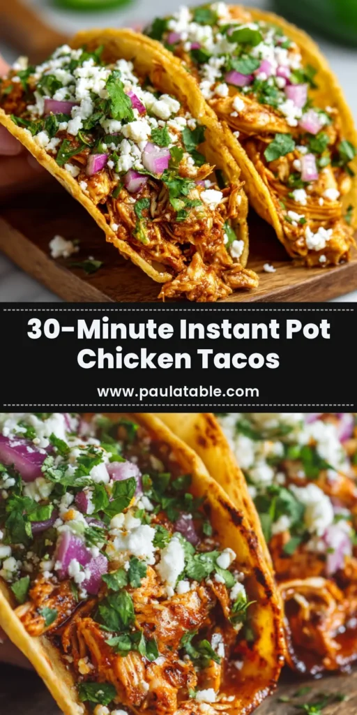 A platter of delicious Instant Pot chicken tacos, showing tender shredded chicken in a corn tortilla with fresh cilantro and lime.