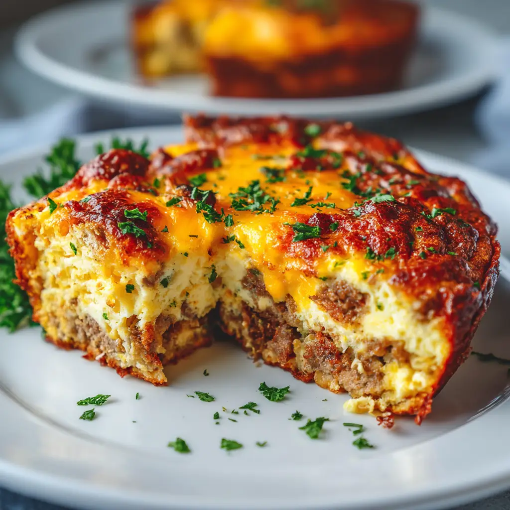 The complete Keto Sausage Egg Bake in a baking dish, garnished with fresh parsley.
