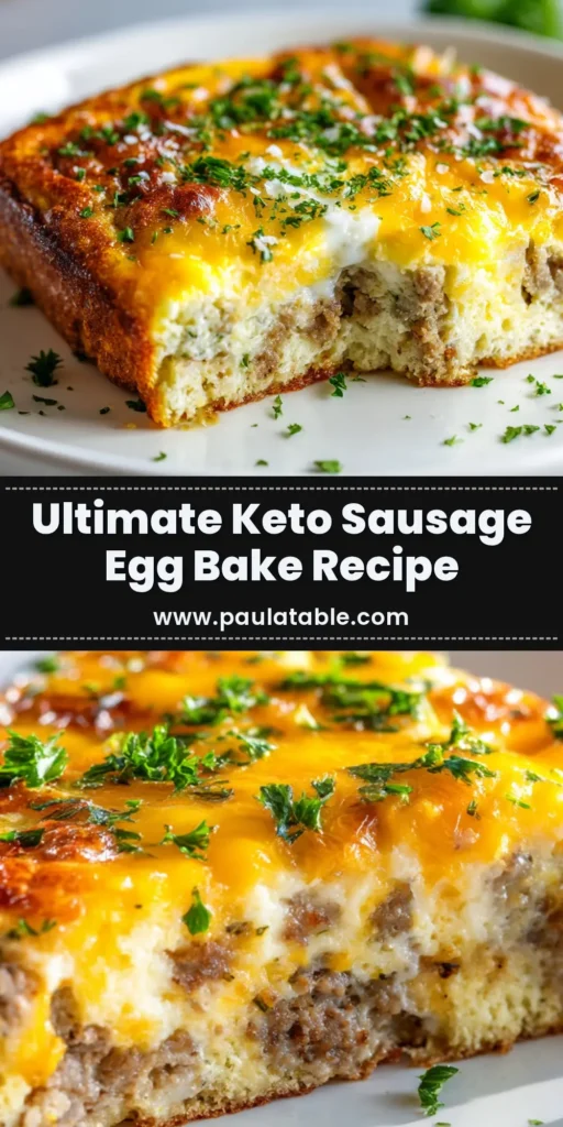 A top-down view of a freshly baked Keto Sausage Egg Bake in a white casserole dish, with a slice taken out to show the inside.