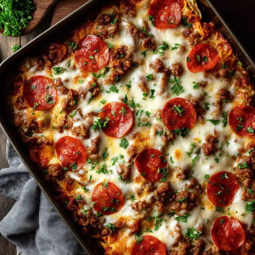 Keto Pizza Casserole (Easy, Cheesy, Low-Carb) 2 A freshly baked low-carb pizza bake shown from above. The crustless pizza casserole is covered in bubbly, golden-brown cheese and pepperoni.