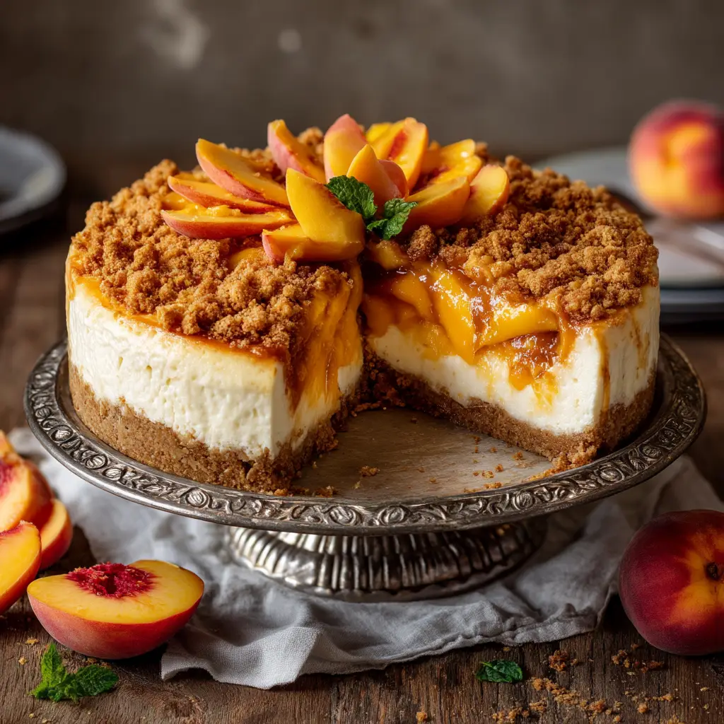Assembling the Bourbon Peach Streusel Cheesecake, with the creamy cheesecake filling being poured over the graham cracker crust in a springform pan.