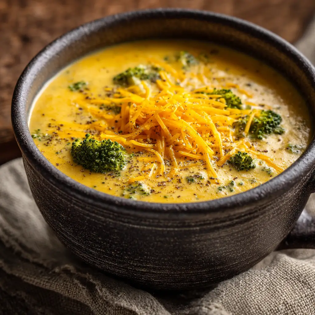 A pot of copycat Panera broccoli cheddar soup simmering on the stove, with ingredients like broccoli and carrots visible.