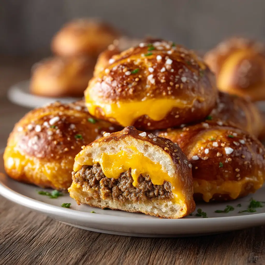 A detailed image of the cheeseburger filling being placed into the biscuit dough before being sealed into pretzel bombs.