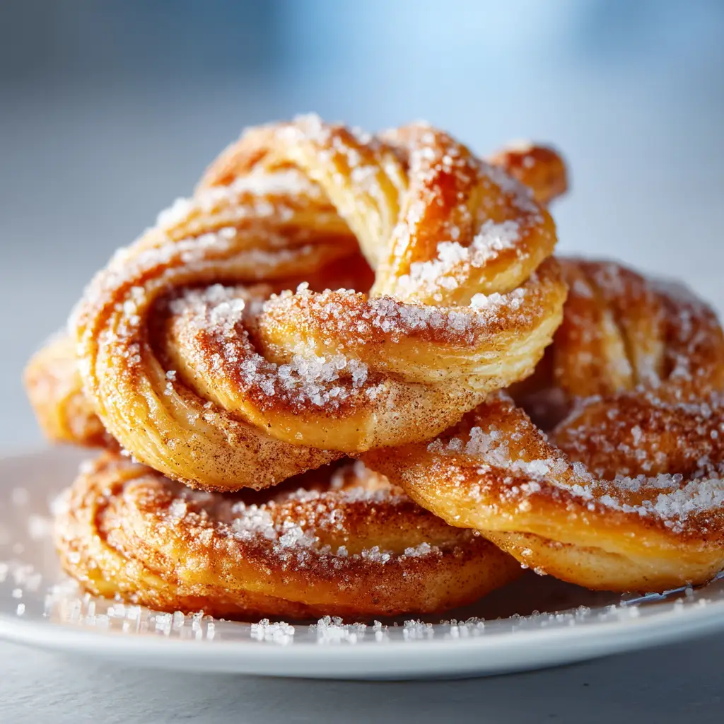 The process of twisting the puff pastry dough strips covered in cinnamon sugar before baking.