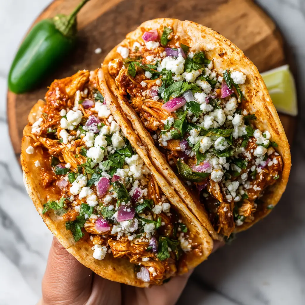 A vibrant overhead view of two Instant Pot chicken tacos ready to be served, topped with fresh ingredients.