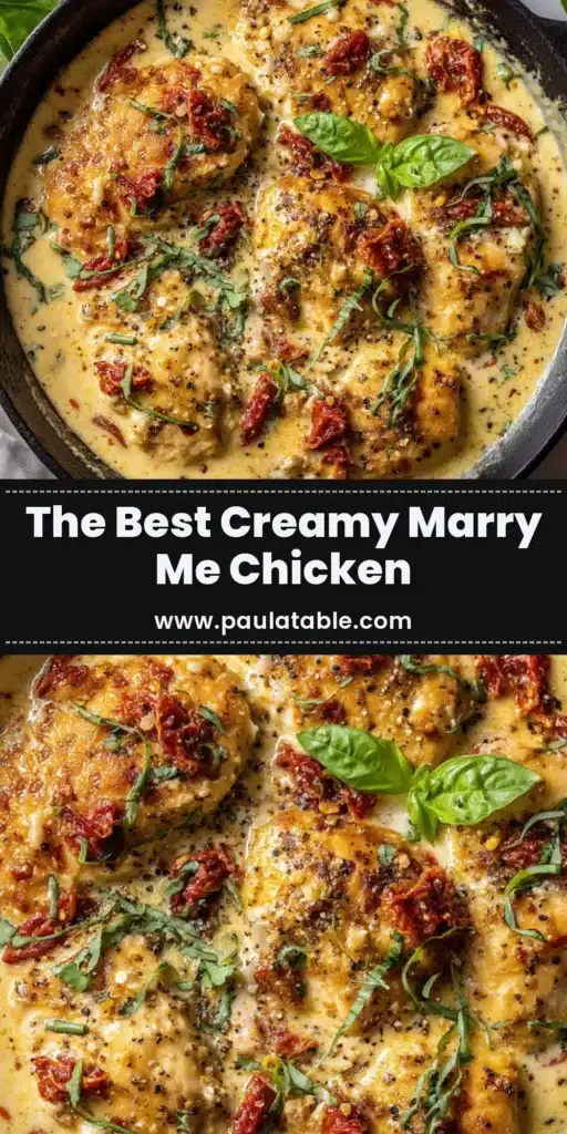 A delicious and easy Marry Me Chicken Recipe in a cast iron skillet. The creamy sun-dried tomato sauce covers tender chicken breasts, garnished with fresh basil.