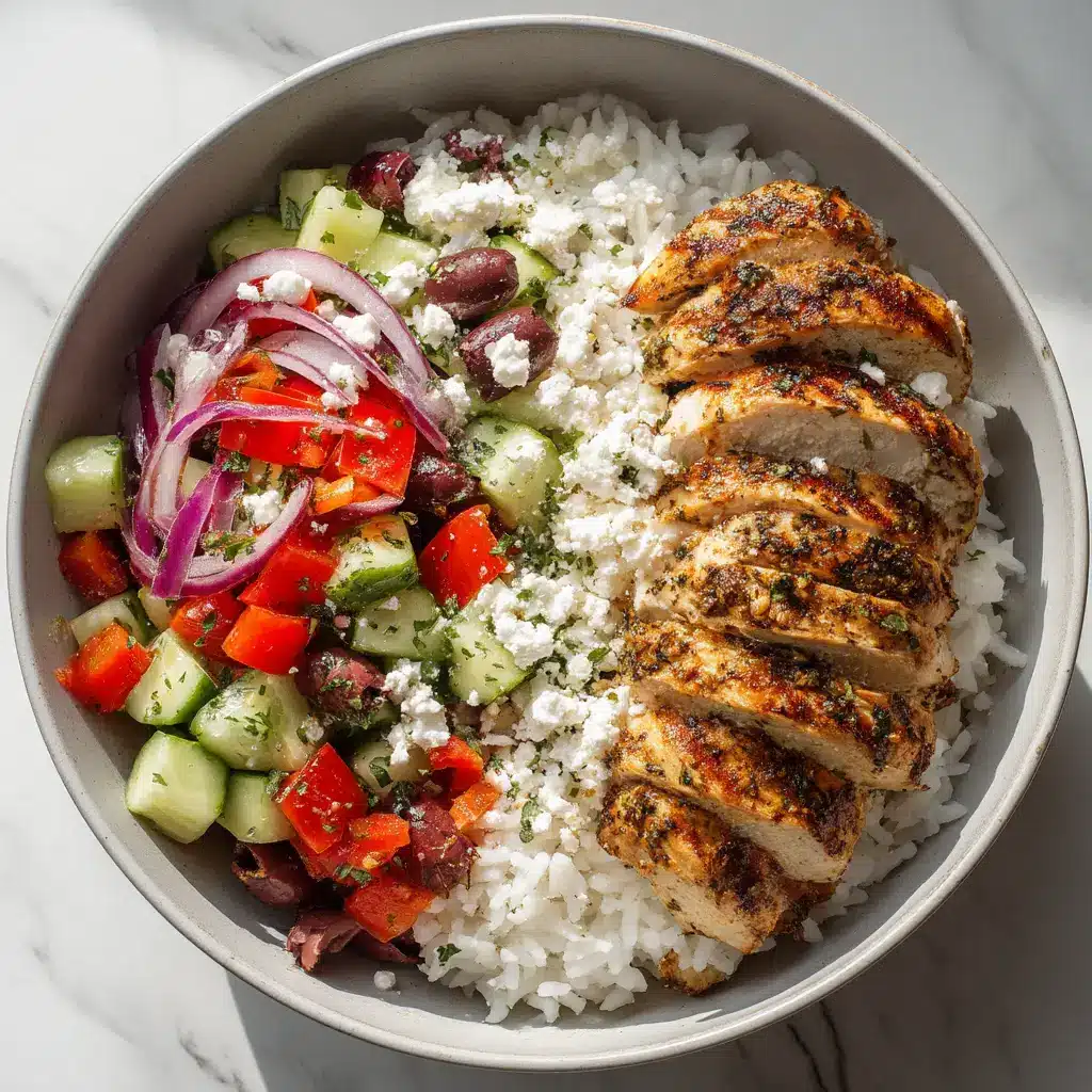 Mediterranean Chicken Bowl: The Ultimate Healthy & Flavorful Recipe 2 A close-up view of the key ingredients for a healthy chicken bowl, including cherry tomatoes, feta, and Kalamata olives.