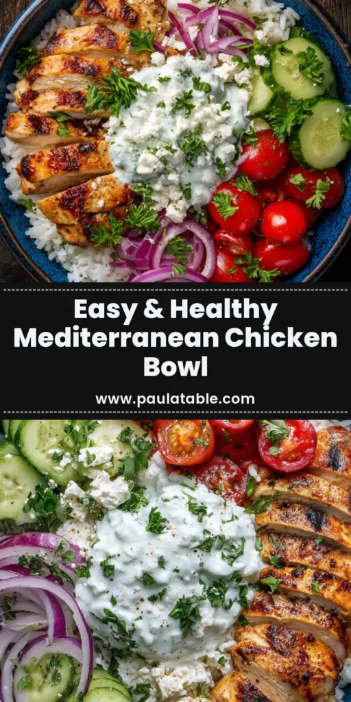 An overhead shot of a delicious Mediterranean chicken bowl loaded with quinoa, tomatoes, cucumbers, and a dollop of tzatziki sauce, with a title overlay.